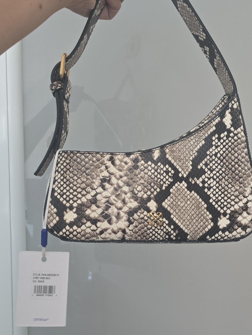 Off-White Snake-Print Shoulder Bag in Black & Cream